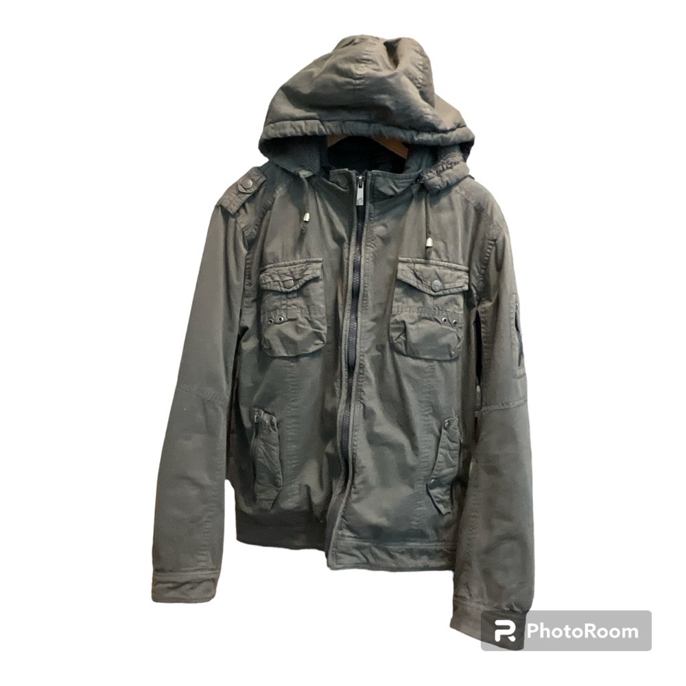 Mens PX  Gray Zip Up Sherpa Lined Hooded Jacket L EUC